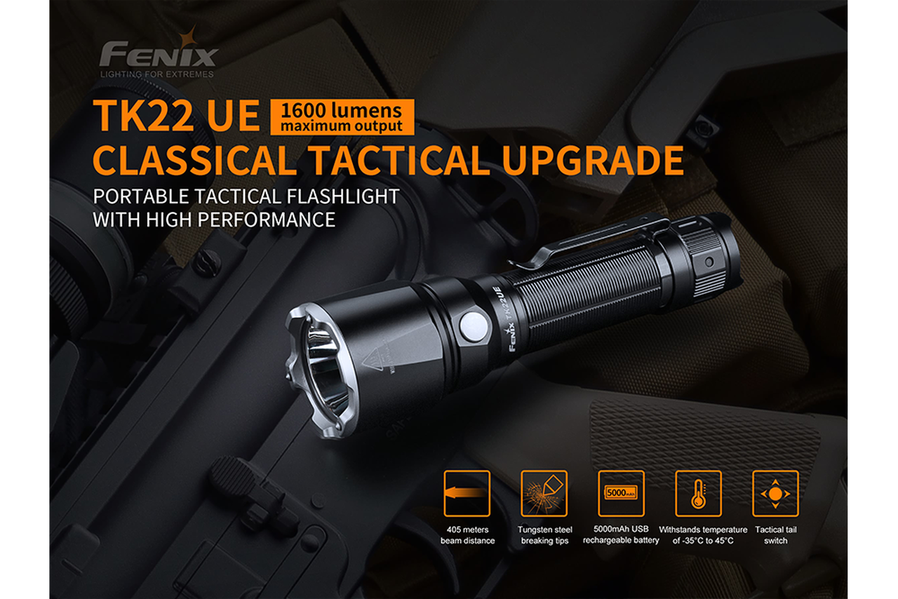 Fenix TK22 UE Rechargeable Portable Tactical Flashlight - 1600 Lumens