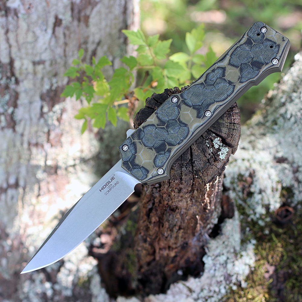 Houge Compound OTF (HO34038) 3.5" CPM S30V Stonewased Clip Point Plain Blade, Green G-Mascus G-10 w/ a Double-Action Thumb Slide