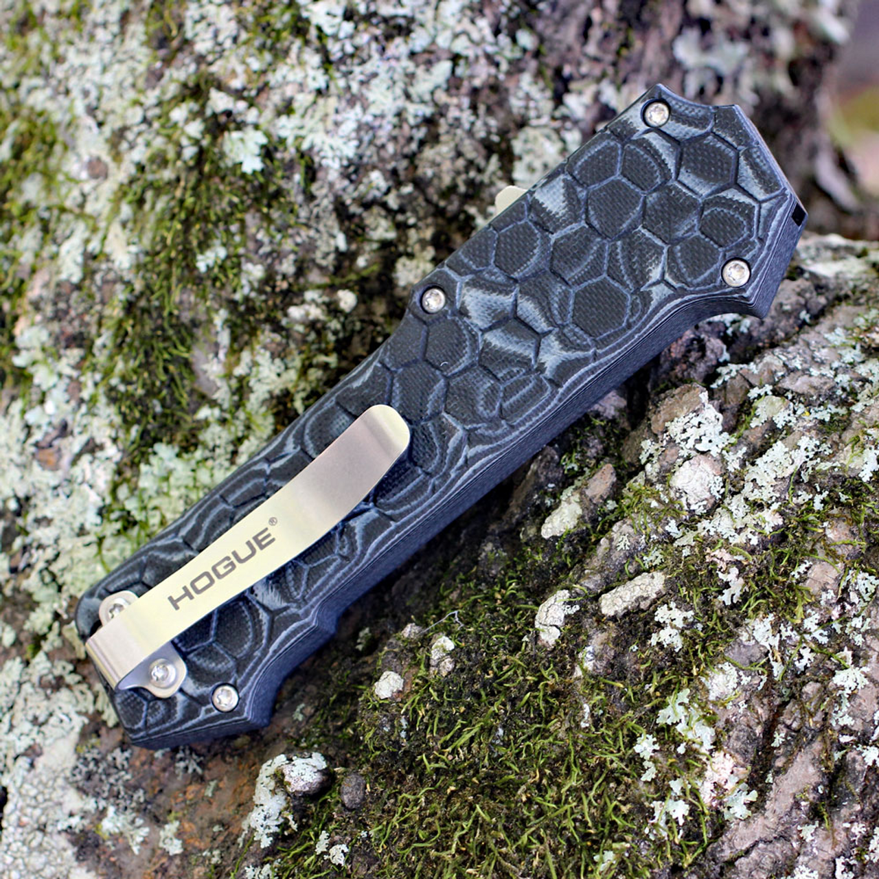 Hogue Compound OTF (HO34039) 3.5" CPM S30V Stonewashed Clip Point Plain Blade, Black G-Mascus G10 Handle, Double-Action Thumb Slide