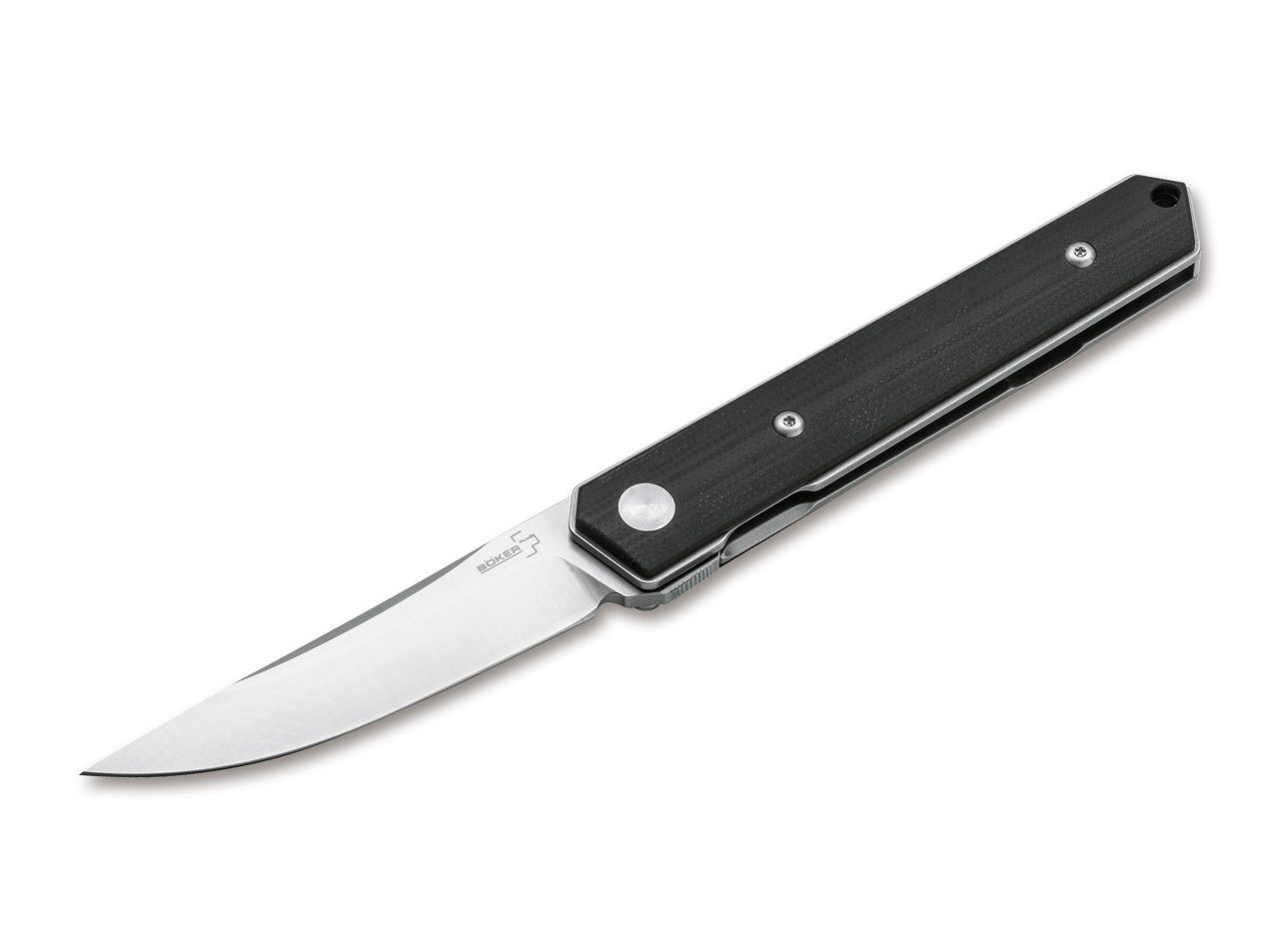 Boker Plus Mini Kwaiken Flipperless 01BO245 profile view showing D2 satin blade and black G-10 handle.