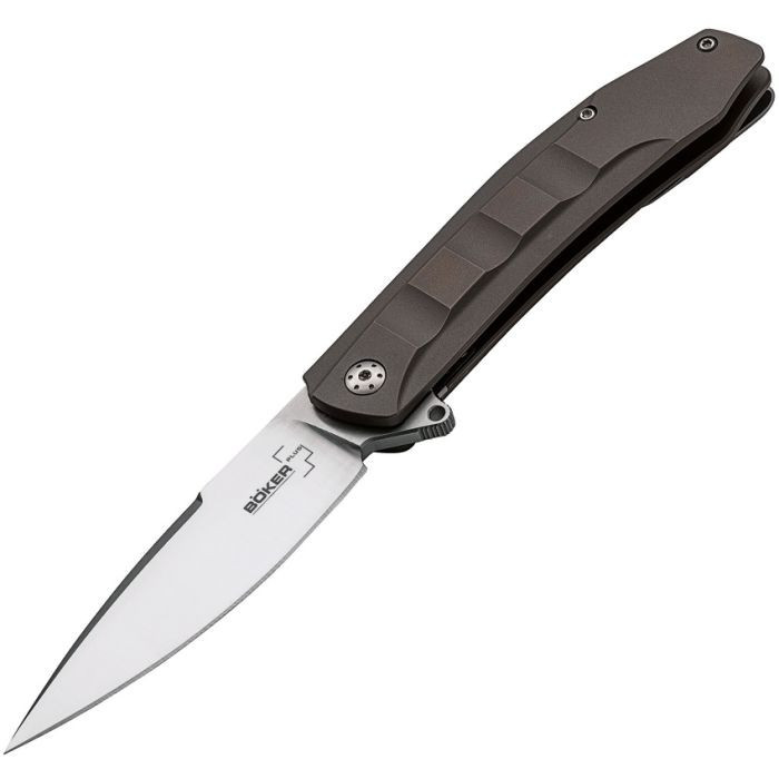 Boker Plus Talpid 01BO249 folding knife profile view showing D2 satin spear point blade and gray 3D-milled handle.