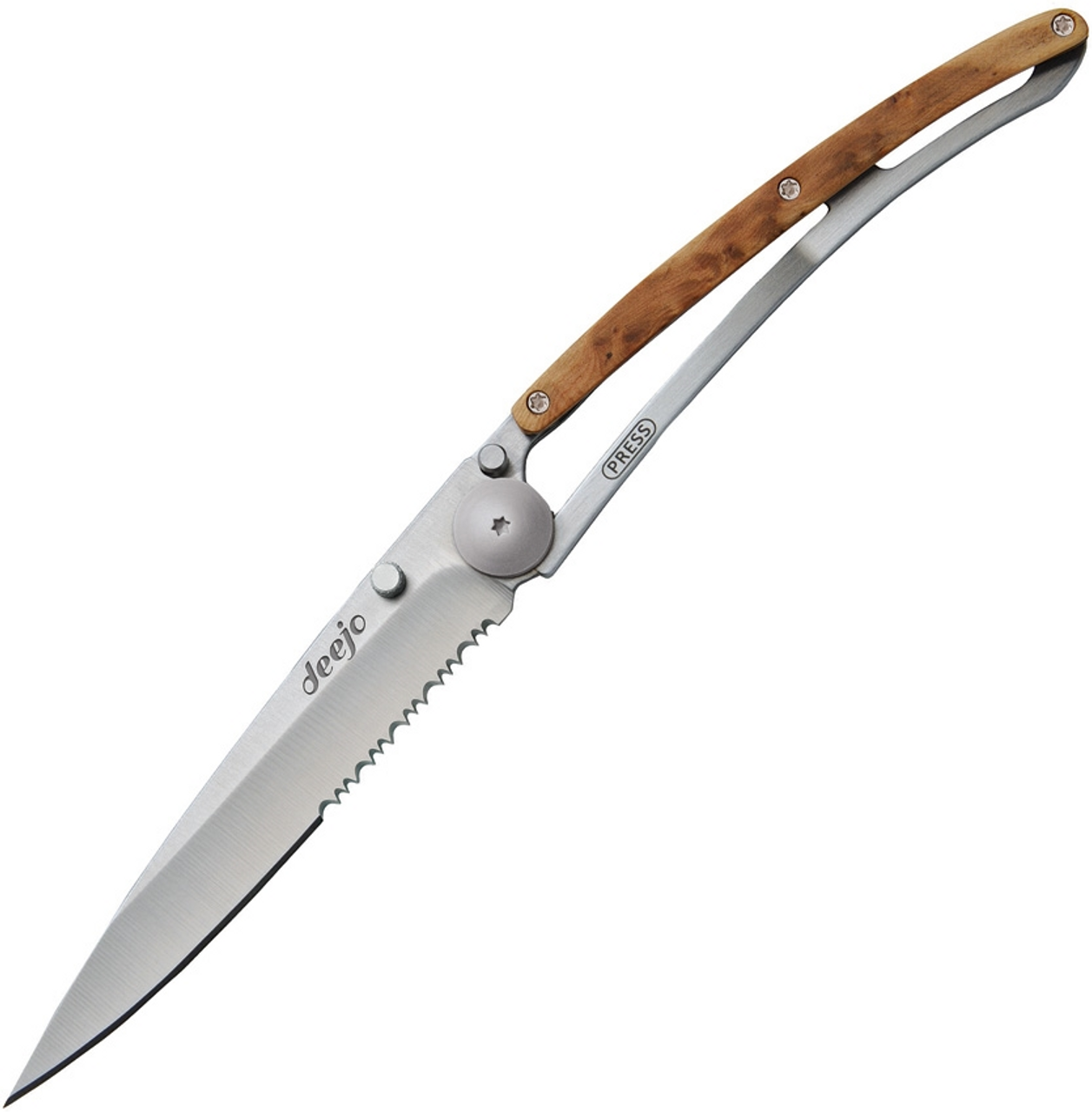 Deejo Wood 37G one Hand Titanium, 3.75" 420 SS Blade, Juniperwood/Titanium Handle