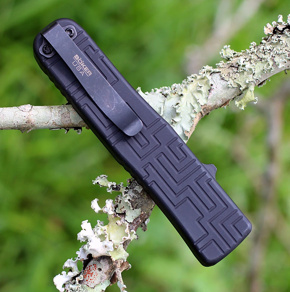 Boker Plus OTF Blackout 06EX263 back view highlighting the ambidextrous tip-up pocket clip and slim profile.