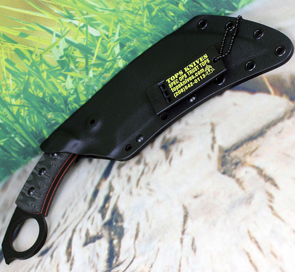 TOPS Tac Tops Rocky Mtn (TPTAC01RMT) 6.125" 1095 Black Hawkbill Plain Blade, Black Micarta Handle, Black Kydex Sheath