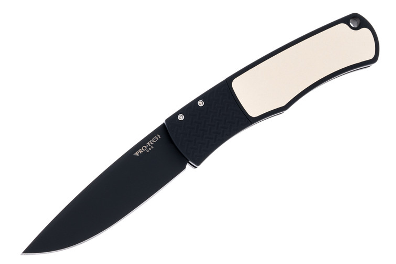 ProTechMike "Whiskers" Allen Designed Automatic Knife (BR-1.52) - 3.125" 154CM DLC Black Drop Point Blade, Tuxedo Black Handle with Ivory Micarta inlay - Textured Bolster Handle