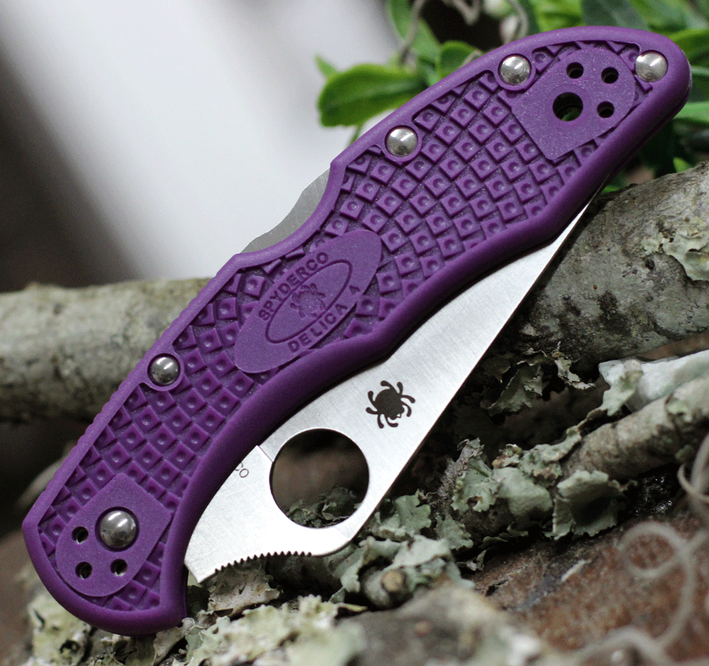 Spyderco Delica 4 C11FPPR folding knife with purple FRN handle and satin blade.