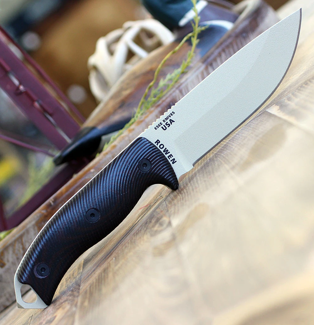 ESEE-5 3D Handle 5PDT-004 1095 Desert Tan Saber Grind Blade Open Detail View