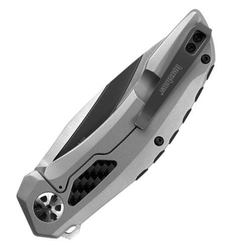 Kershaw 5510 Norad stainless steel handle highlighting carbon fiber inserts and oversized polished pivot.