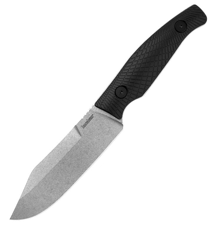 Kershaw Camp 5 1083 fixed blade knife profile view showing 4.75 inch stonewashed D2 clip point blade.