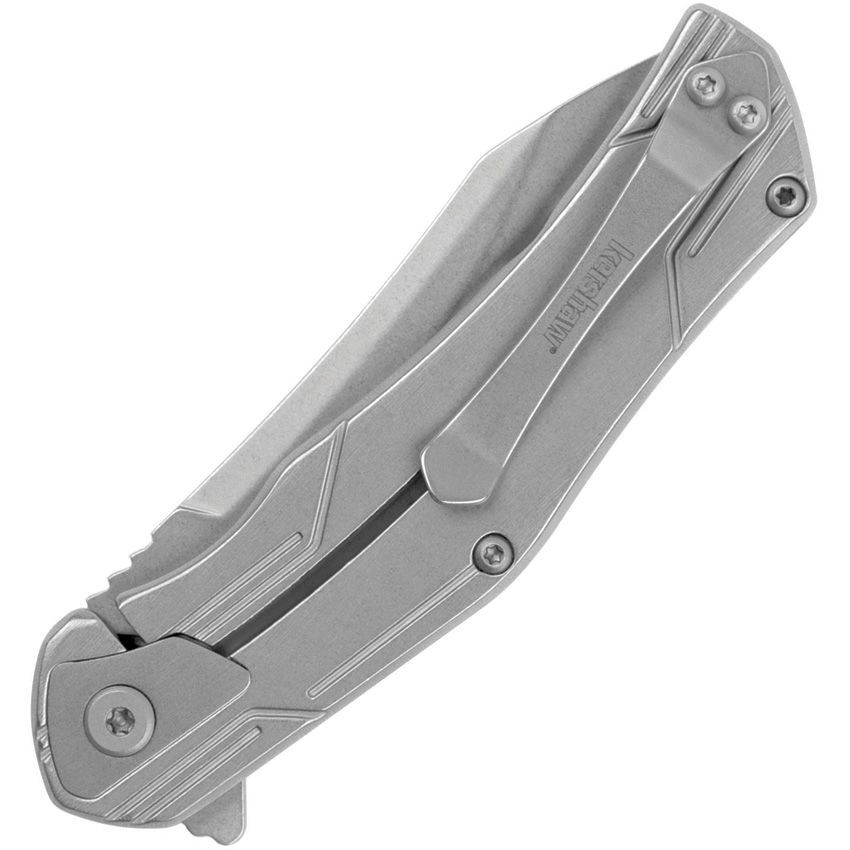 Kershaw Husker Assisted Opening Knife (1380)- 3.00" Stonewashed 8Cr13MoV Trailing Point Blade, Silver Stainless Steel Handle
