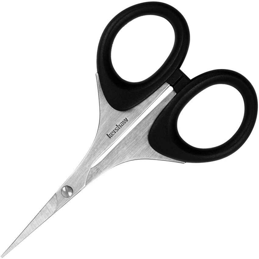 Kershaw Skeeter III 1216 fly-tying scissors profile view showing the fine point stainless steel blades.