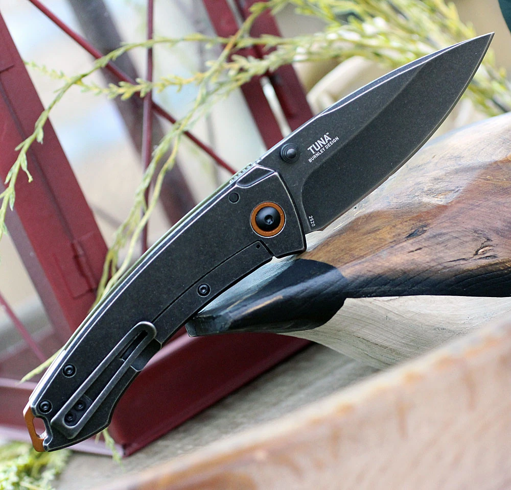Lucas Burnley designed CRKT Tuna showing bronze anodized pivot ring and backspacer.