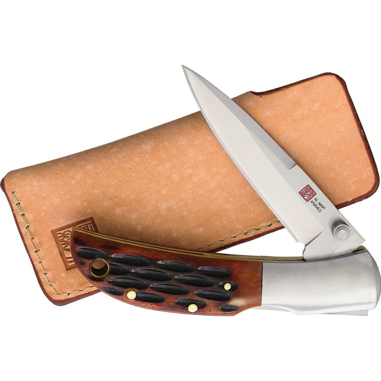 Al Mar Hawk Back Lock Honey Jigged Bone 7002, 2.5" AUS-8, Plain Blade, Honey Jig Bone Handle, Leather Slip Pouch Sheath