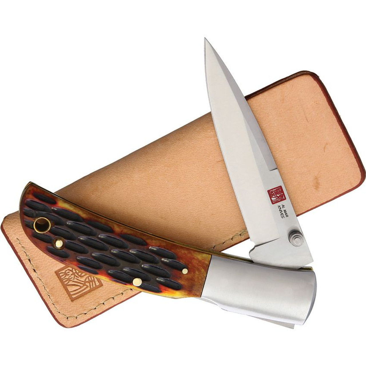 Al Mar Falcon Lockback Honey Jigged Bone 7004 , 3.15" AUS-8, Plain Blade, Honey Jig Bone Handle, Leather Slip Pouch Sheath