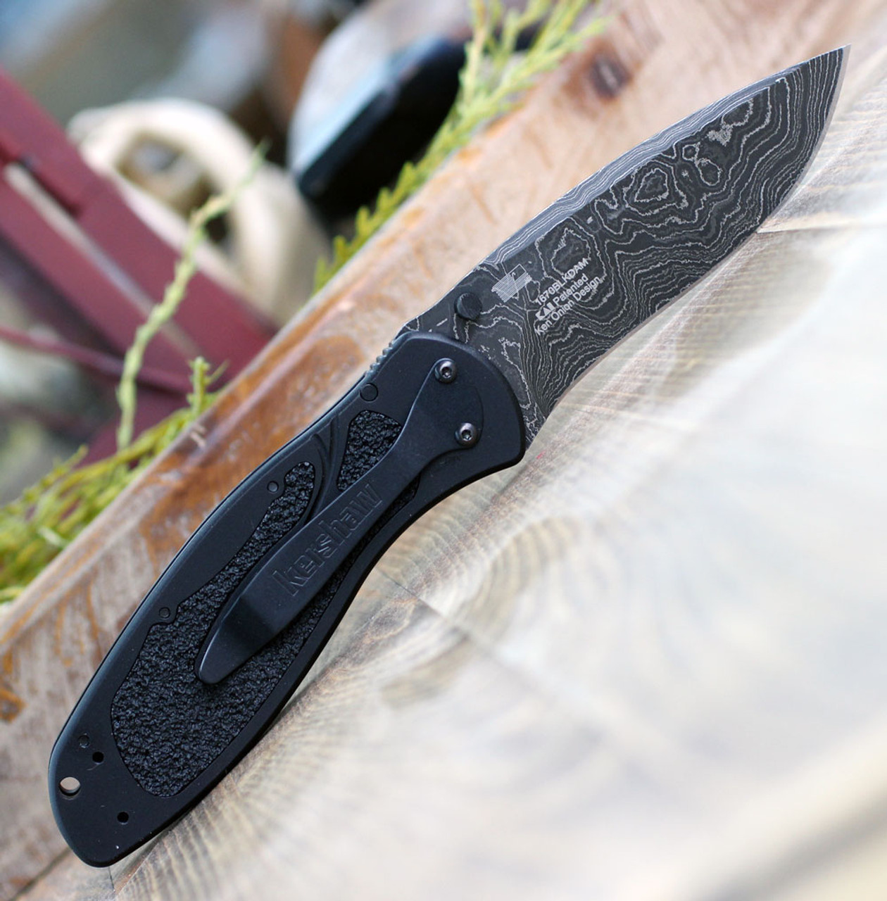 Kershaw Blur Assisted Opening Knife (1670BLKDAM)- 3.40" Damascus Drop Point Blade, Black Aluminum Handle