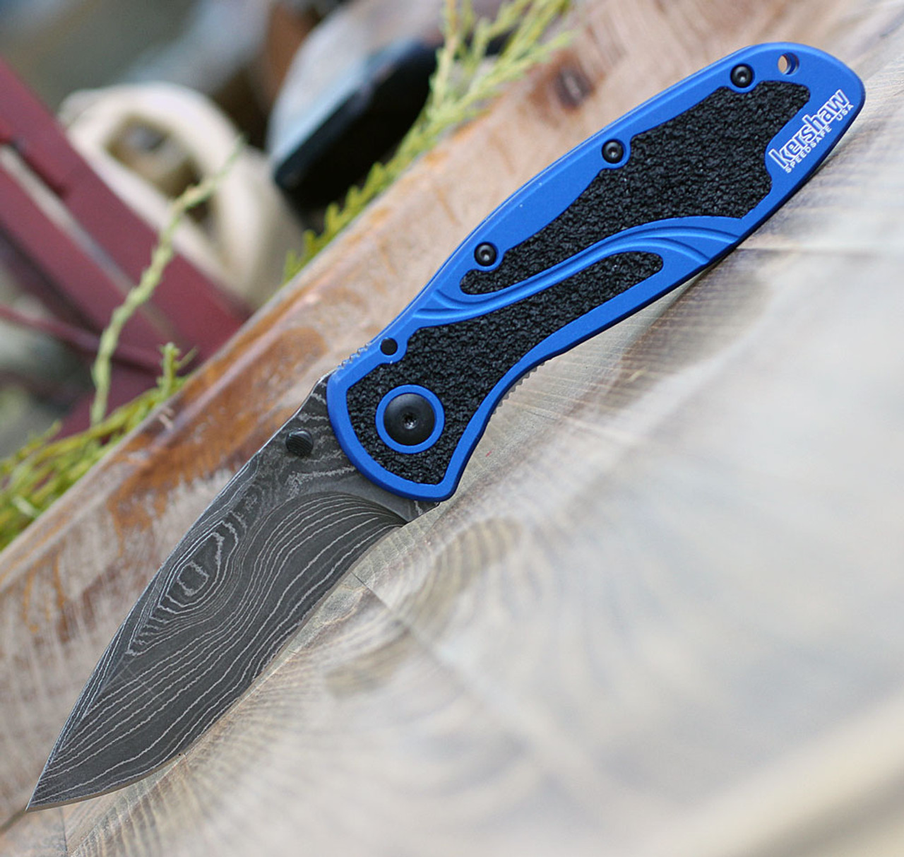 Kershaw Blur A O Damascus 1670nbdam 3 4 Damascus Blade Blue Aluminum Handle