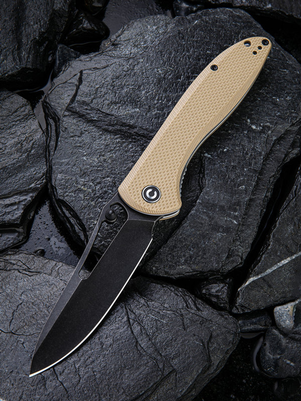 CIVIVI Picaro Folding Knife (C916B)- 3.94" Blackwashed D2 Drop Point Blade, Tan G-10 Handles