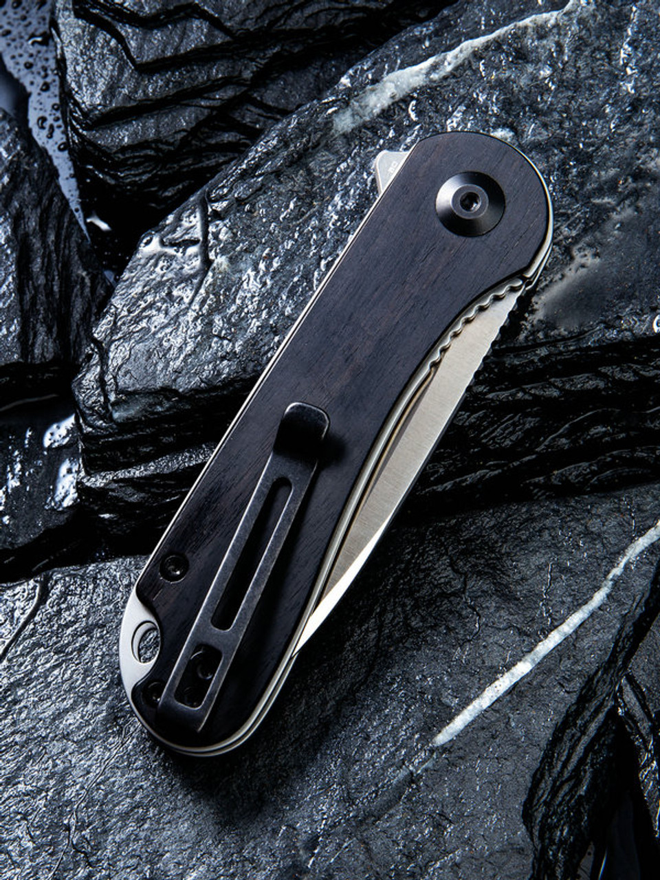 CIVIVI Elementum Folding Knife (C907D)- 2.96" Satin D2 Drop Point Blade, Black Ebony Wood Handles