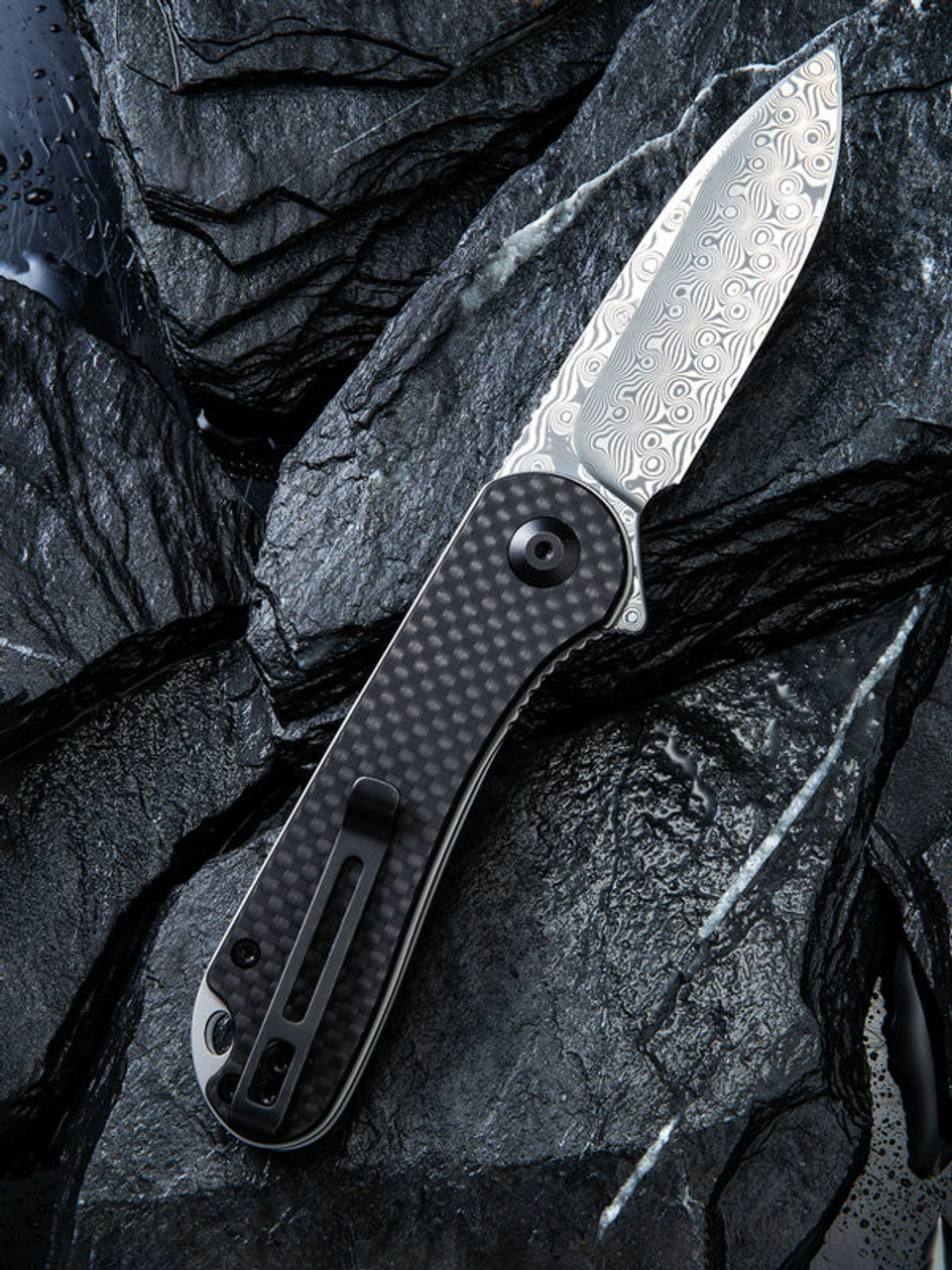 CIVIVI Elementum C907DS, 2.96" Damascus Drop Point Blade, Black G-10 Handles w/ Twill Carbon Fiber Overlay