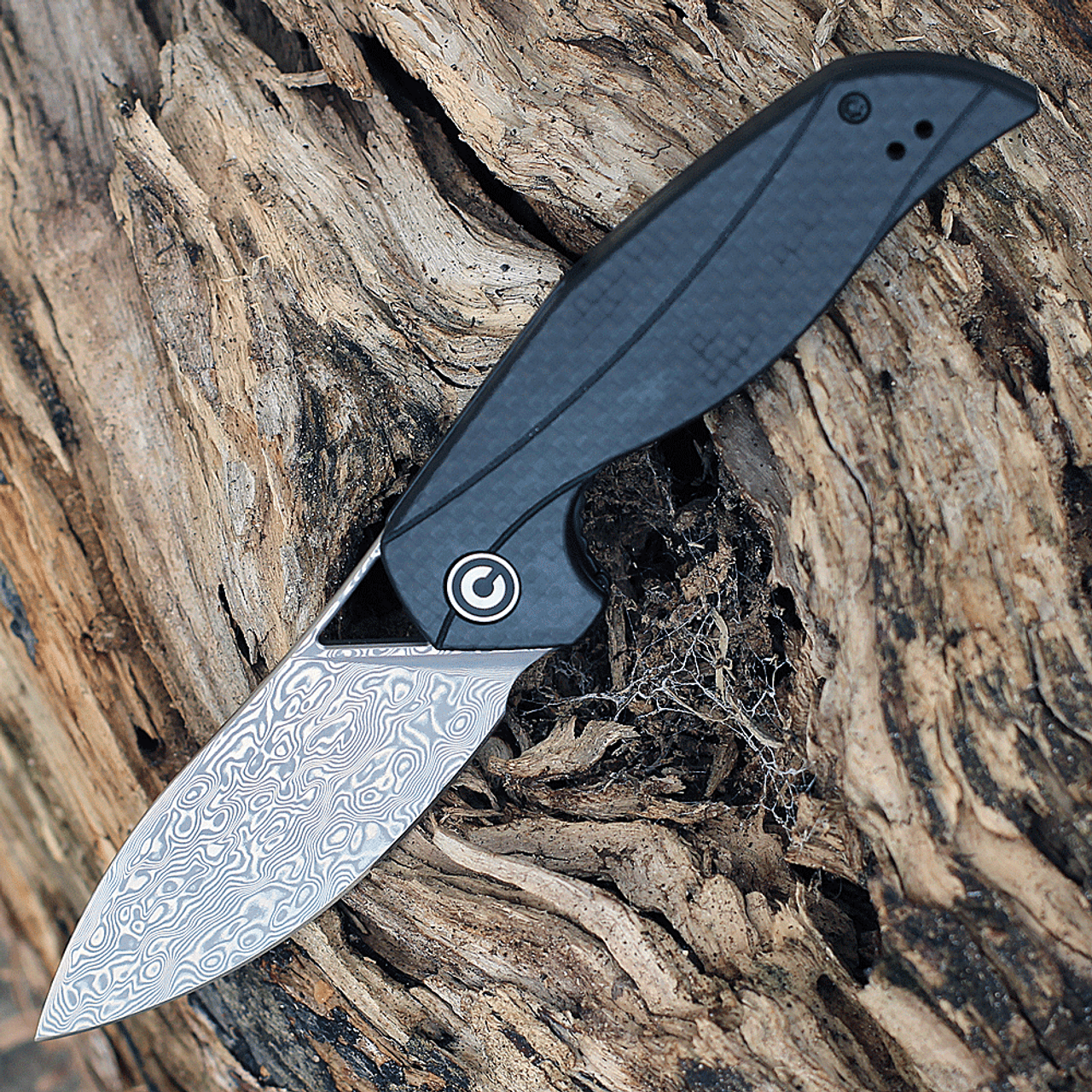 CIVIVI Anthropos Folding Knife (C903DS)- 3.25" Damascus Drop Point Blade, Black G-10 and Carbon Fiber Overlay Handles