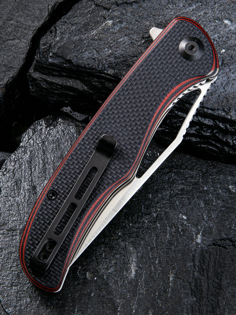 CIVIVI Shredder Folding Knife (C912B)- 3.70" Satin D2 Clip Point Blade, Black and Red G-10 Handles