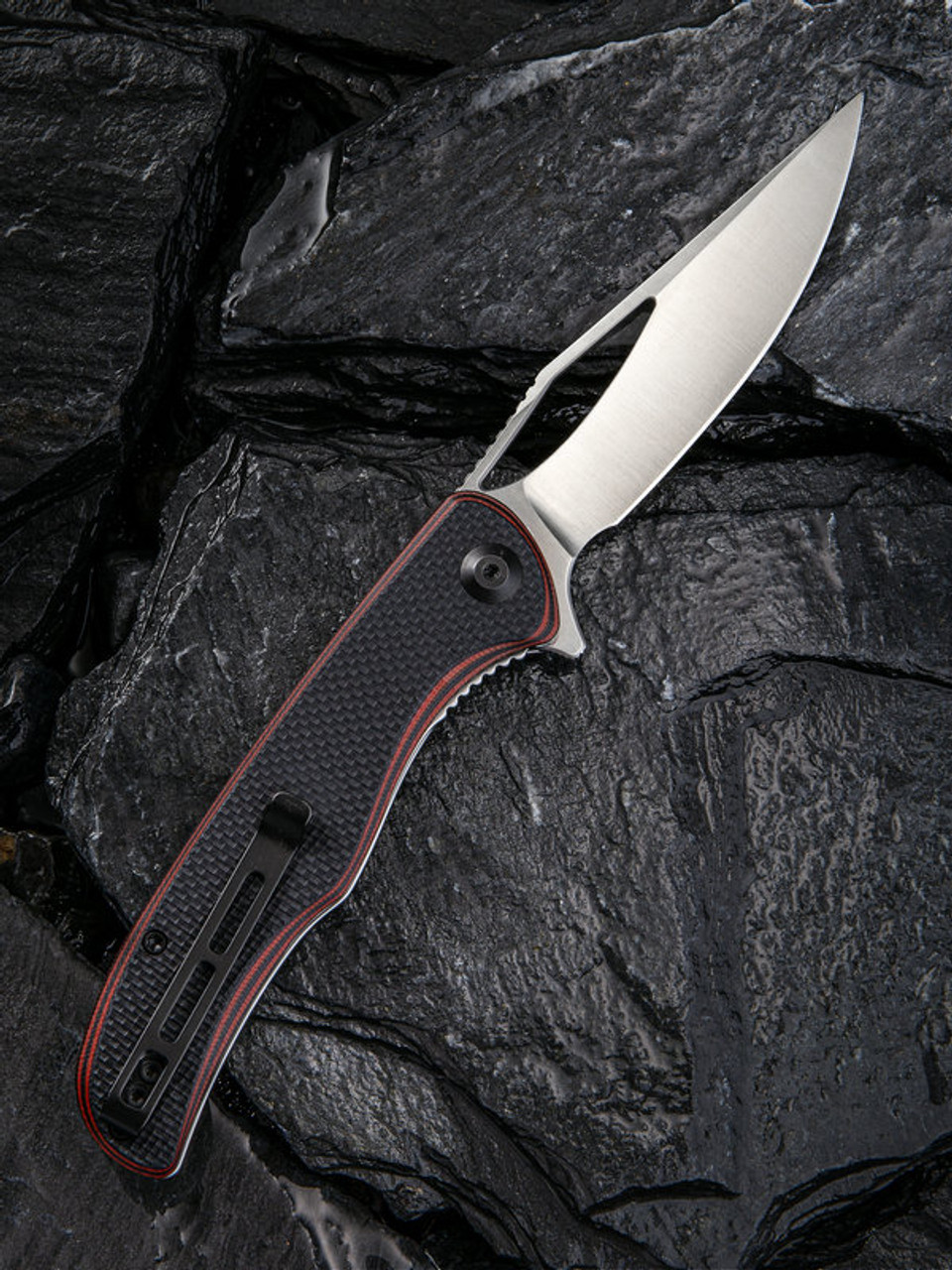CIVIVI Shredder C912B, 3.7” D2 Satin Clip Point Plain Blade,  Red and Black Layered G-10 Handles with a Coarse Texture