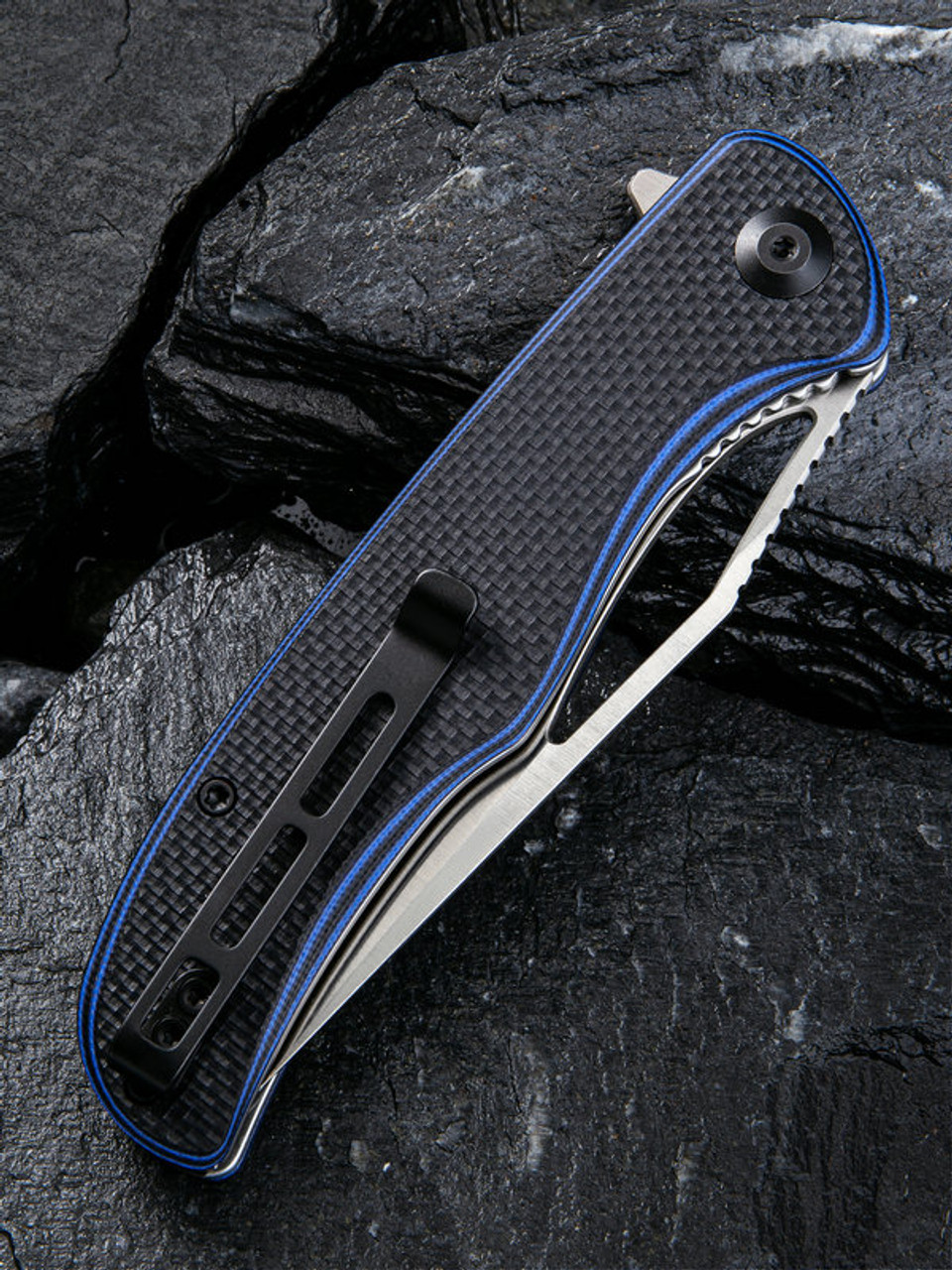 CIVIVI Shredder Folding Knife (C912A)- 3.70" Satin D2 Clip Point Blade, Black and Blue G-10 Handles