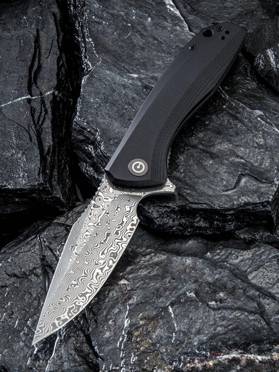 CIVIVI Baklash C801DS,  3.5” Damascus Drop Point Plain Blade, Black G-10 Handles