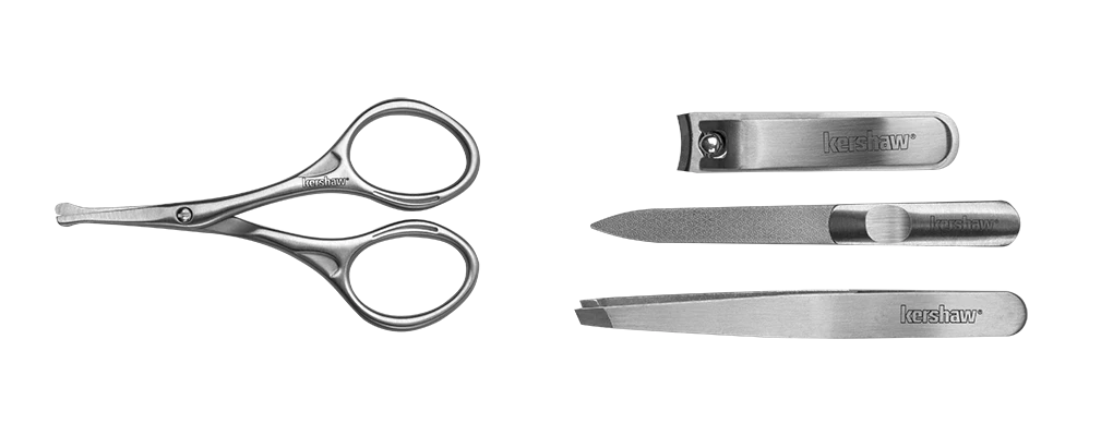 Kershaw Manicure Set KMCURE open view showing all four stainless steel tools in the padded case.
