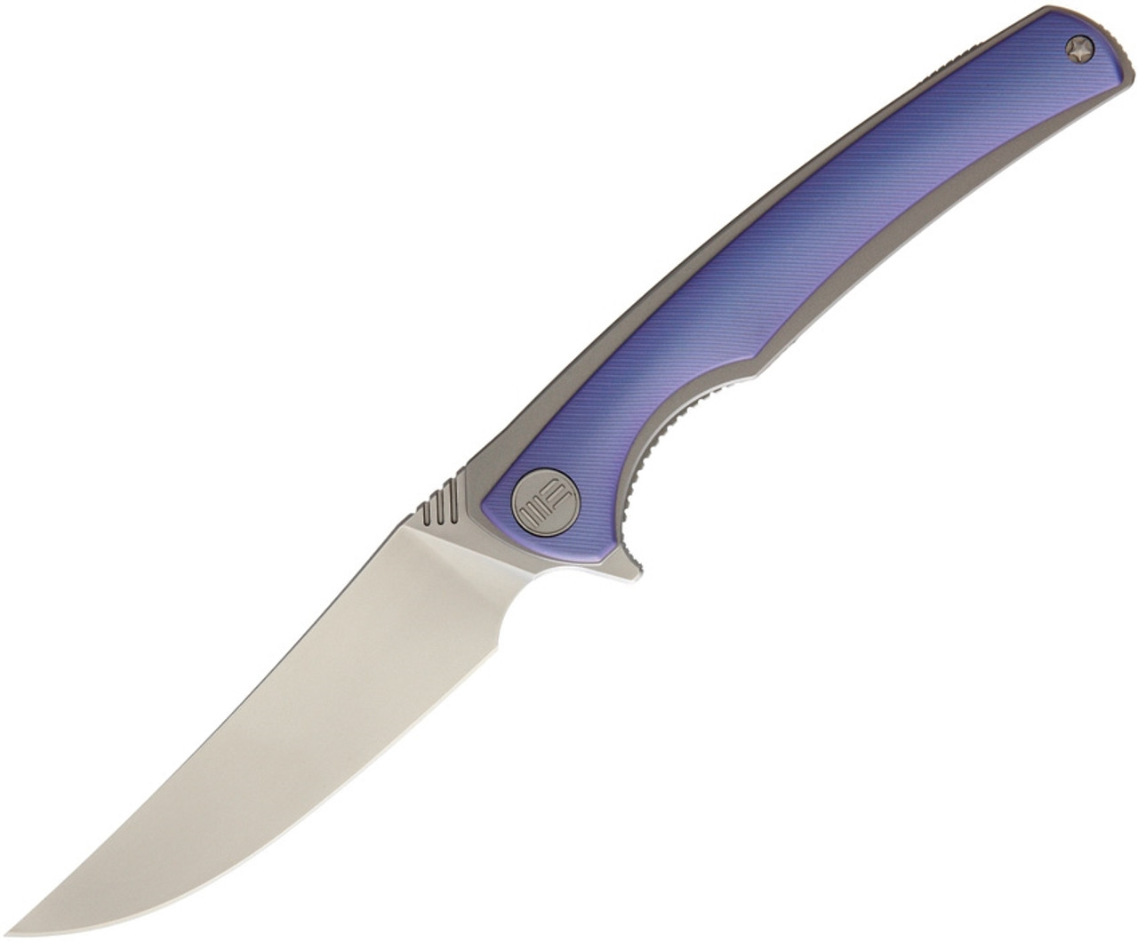 We Knife Model 704 Linerlock Folder 704B, 3.6” Bohler M390 Satin Trailing Point Plain Blade, Blue Anodized Textured Titanium Over Titanium Handle