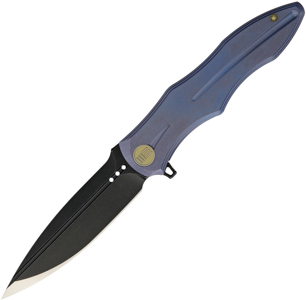We Knife Model 613 Framelock Flipper 613A, 4.2"Bohler M390 Black Spear Point Plain Blade, Blue Titanium Handle