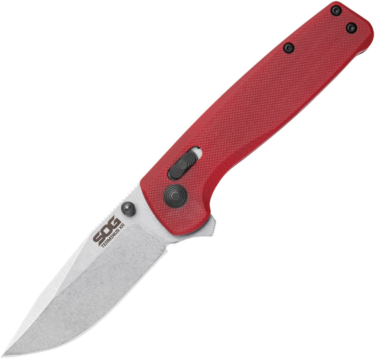 SOG TM1023BX Terminus XR Lock Folder , 3.00" Satin Drop Point Plain Blade, Red G-10 Handle