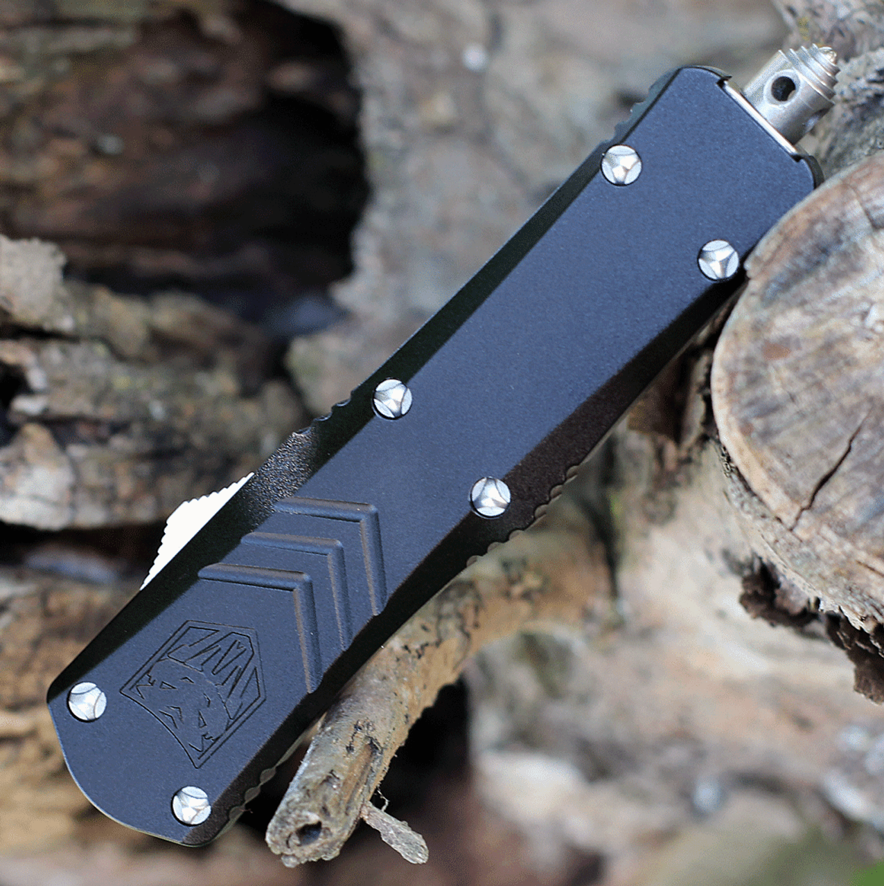 CobraTec Black FS-X OTF Knife CTKSBLKFS-XSDAG2SS, 2.75" D2 Steel Dagger Serrated Blade, Black Aluminum Handle