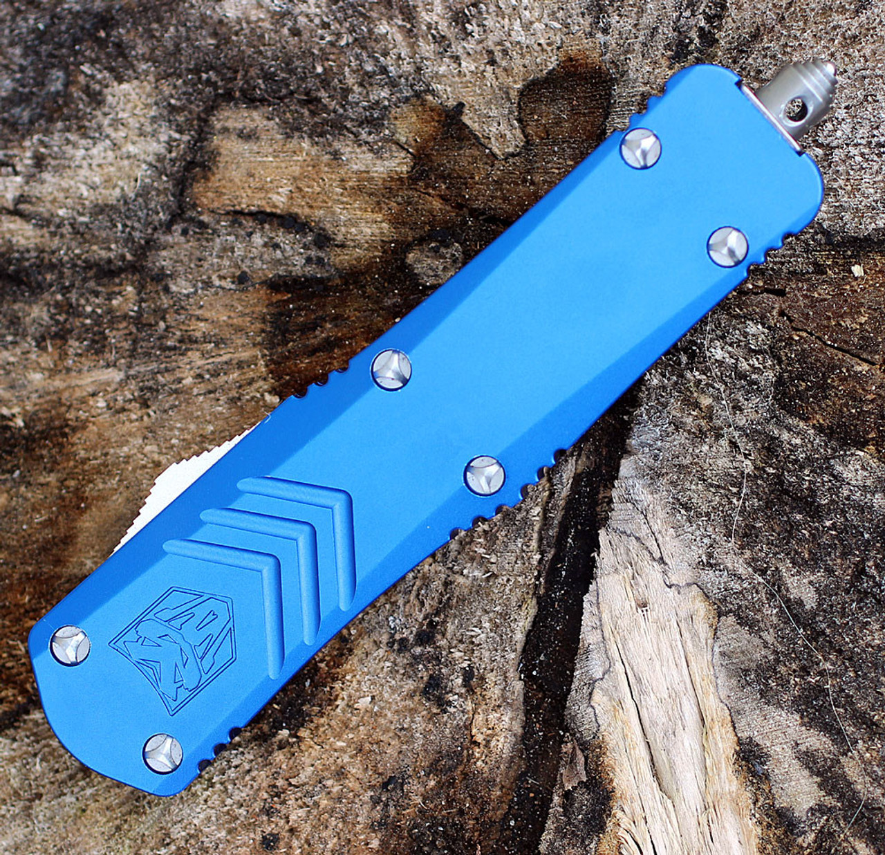 CobraTec Blue FS-X OTF Knife CTKMBLUFS-XMDS, 3" D2 Steel  Drop Point Serrated Blade, Blue Aluminum Handle