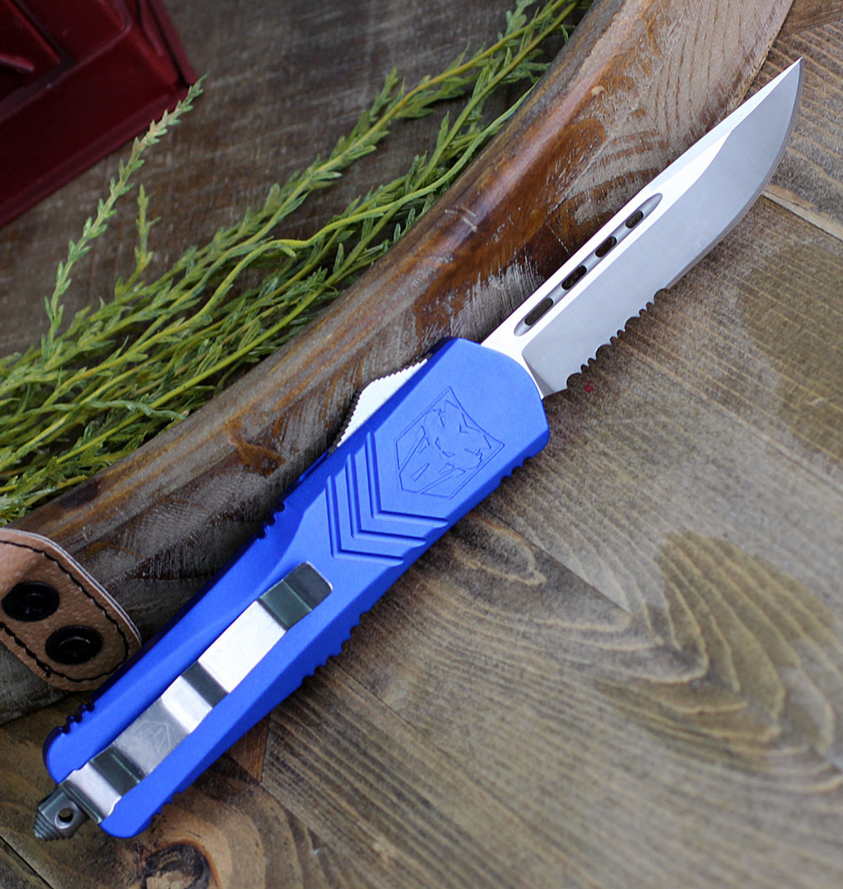 CobraTec Blue FS-X OTF Knife CTKLBLUFS-XLDS, 3.75" D2 Steel Drop Point Serrated Blade, Blue Aluminum Handle