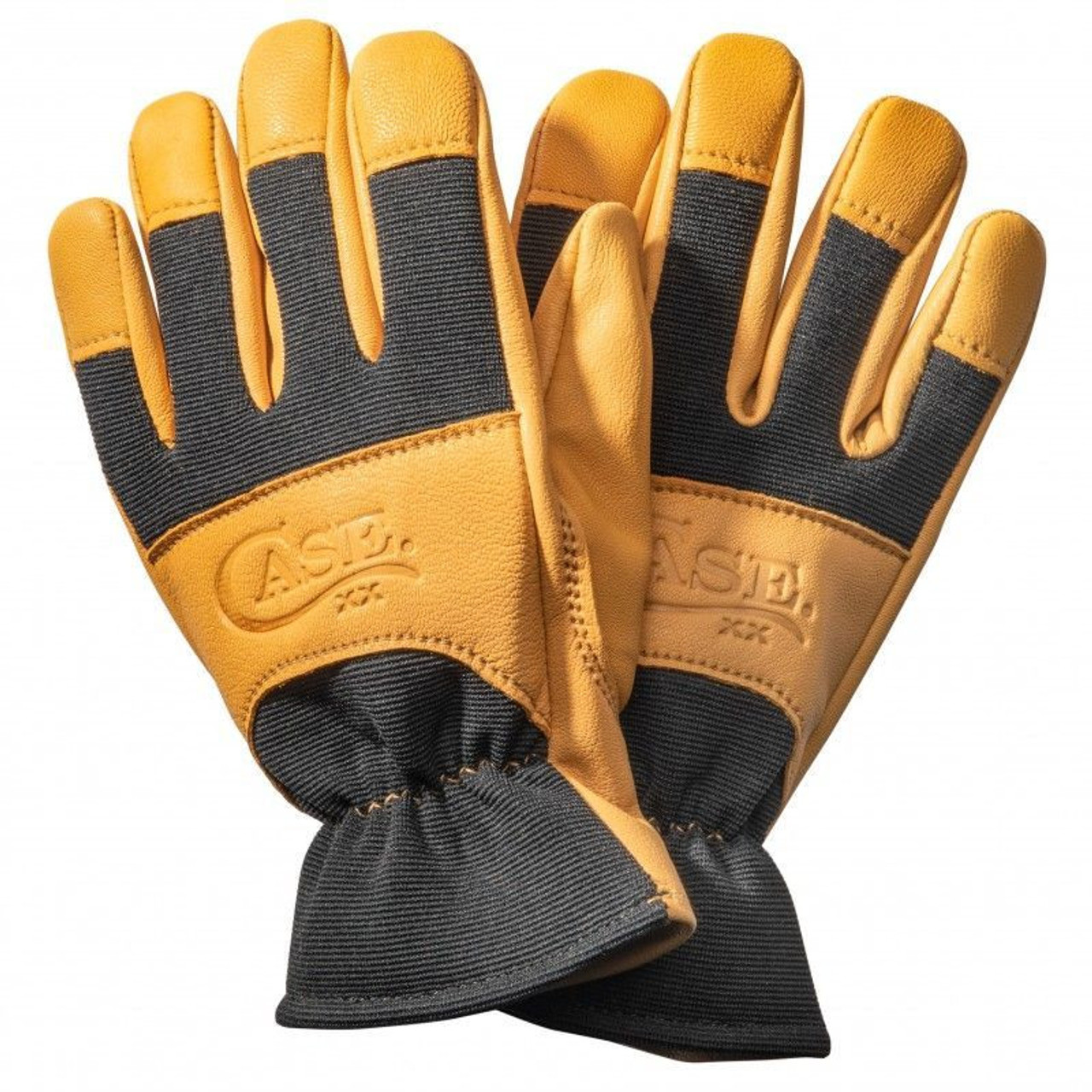 Case XX Logo Embossed Work Gloves Medium Premium Tan Goatskin Leather and Black Spandex