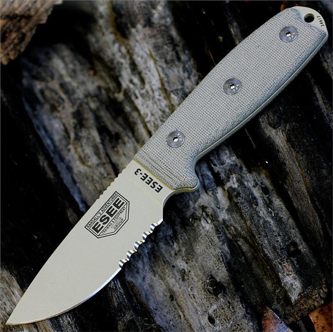 ESEE-3 Fixed Blade Knife (ESEE-3SM-MB-DT-CO)- 3.88" Desert Tan 1095 Partially Serrated Drop Point Blade, Tan Micarta Handle | Modified Pommel | No Box