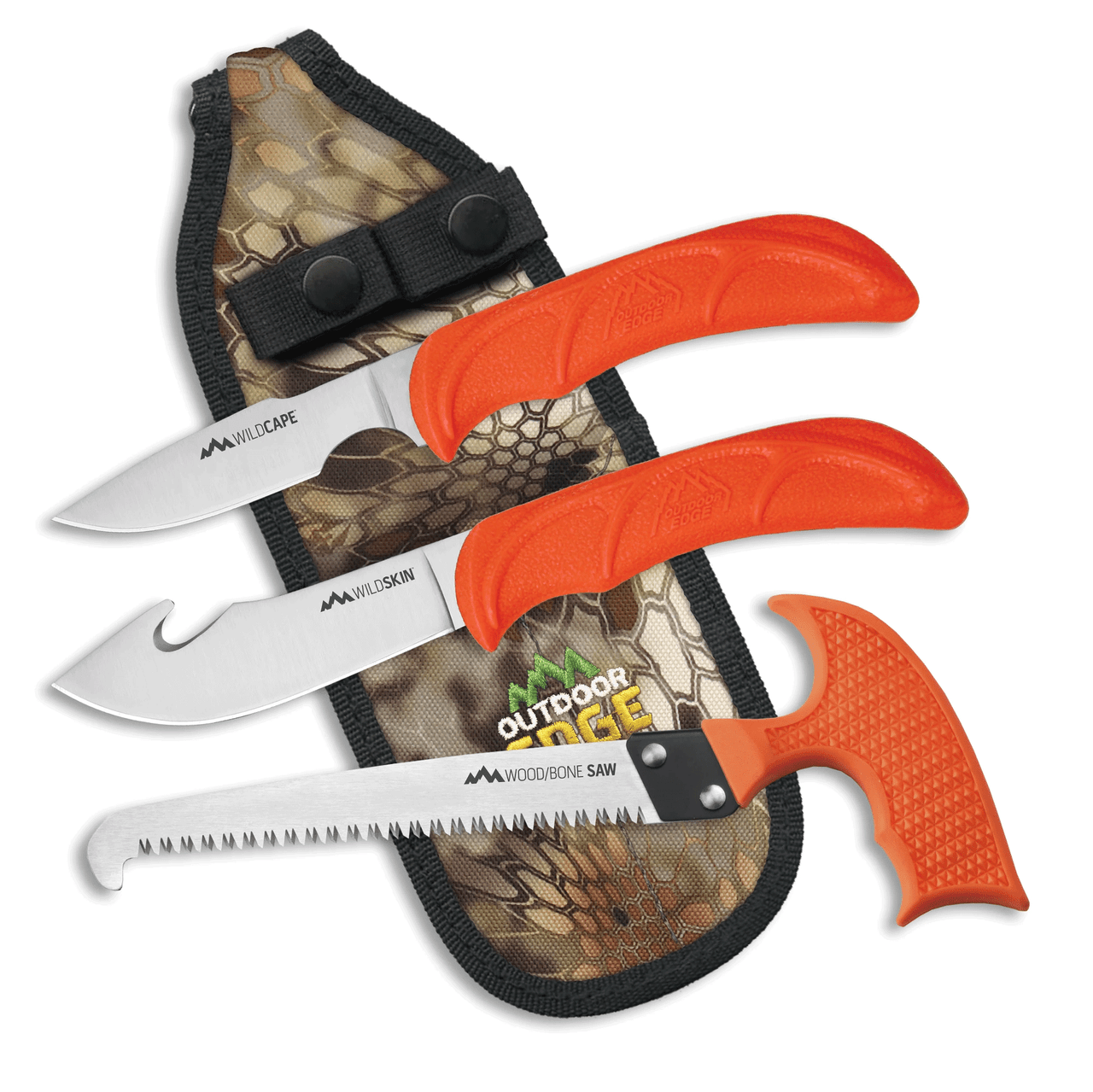 Outdoor Edge WG-10C WildGuide™ Field Dressing Kit, Orange Rubberized TPR Handle, Mossy Oak™ Camo Nylon Belt Sheath