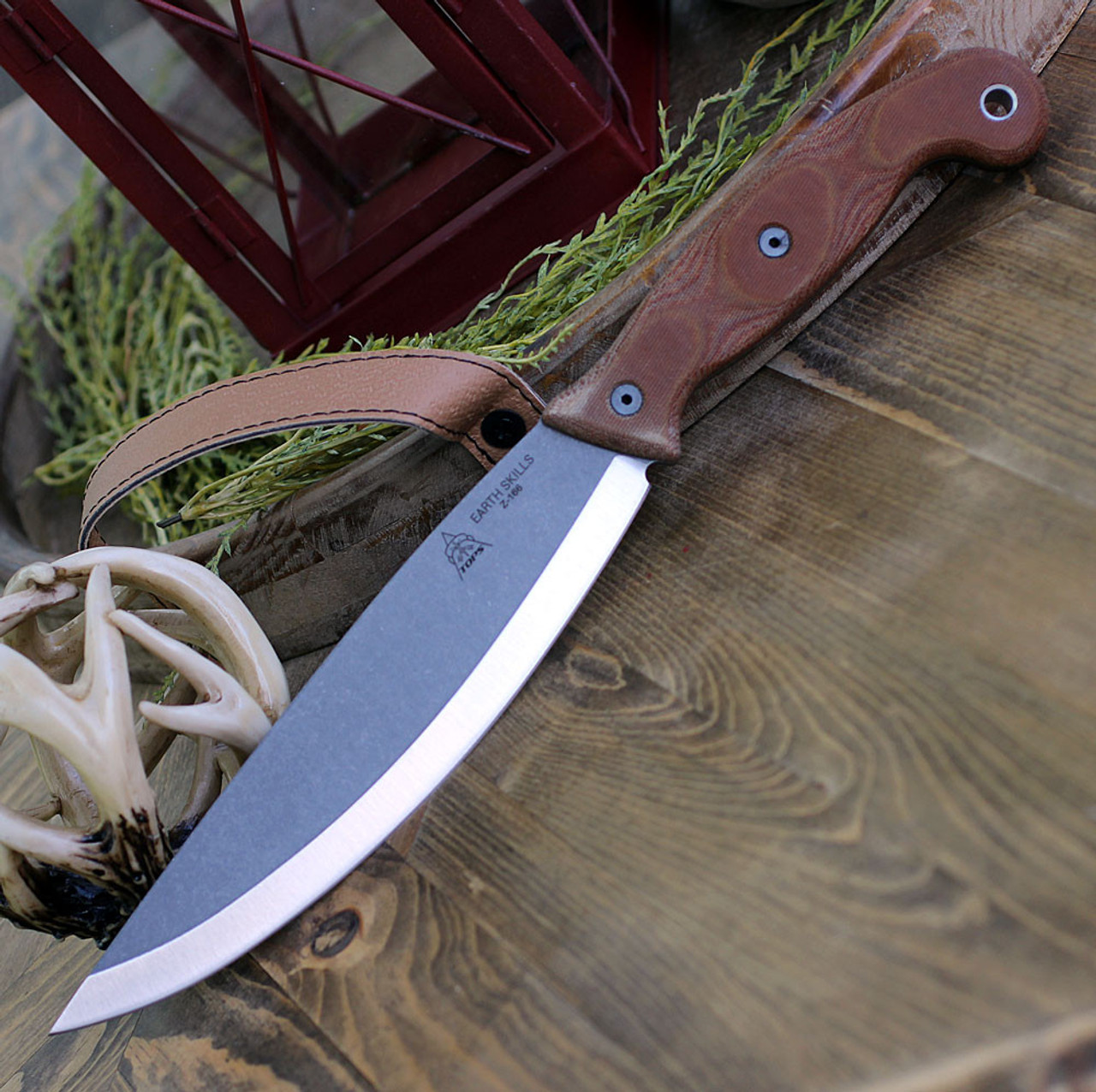 TOPS Earth Skills Knife TPESK01, 8.25" 1095 RC 56-58 Tumble Finish Plain Blade, Tan Canvas Micarta Handle