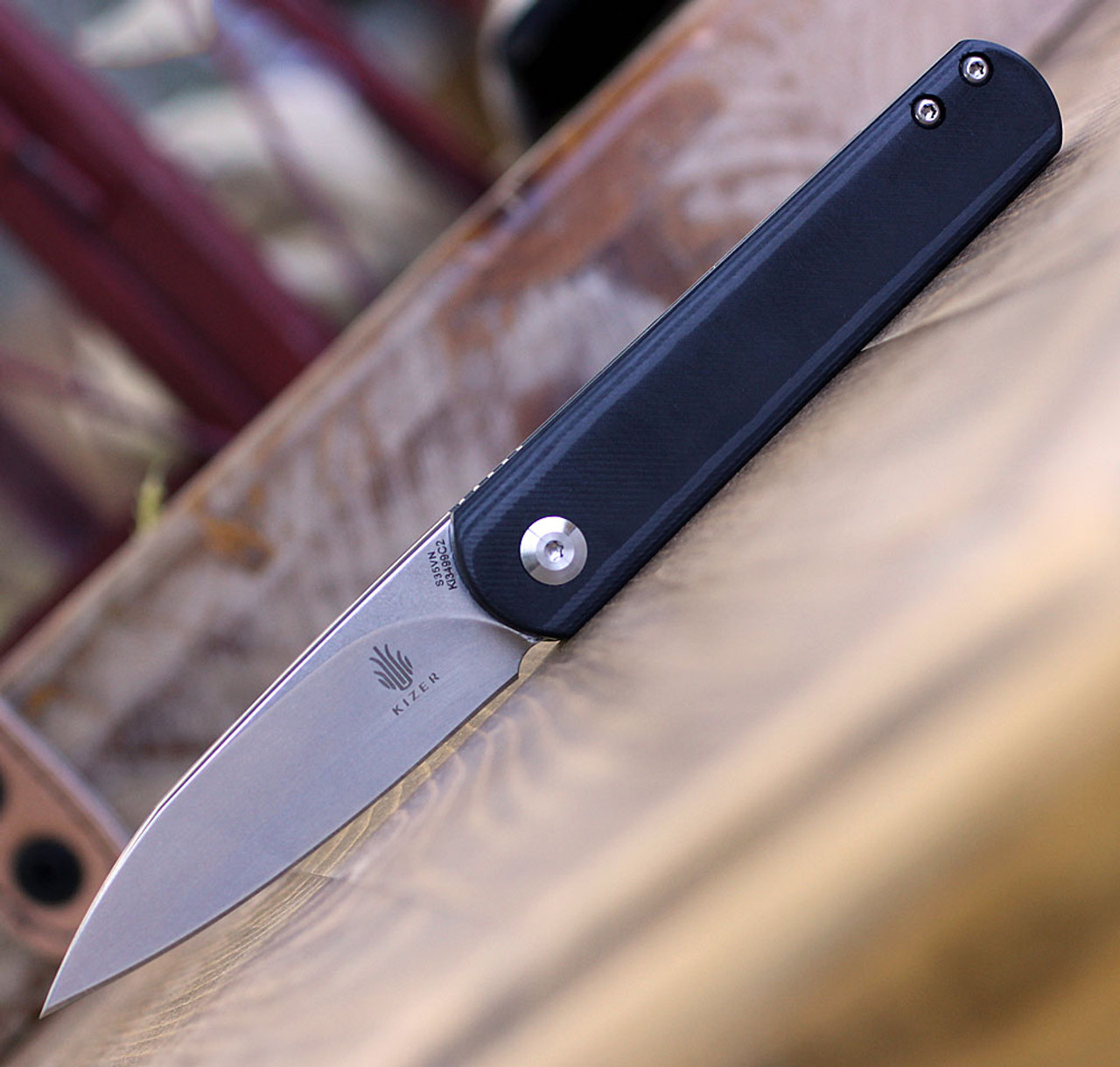 Kizer Feist (Ki3499C2) 2.82" CPM S35VN Stonewashed Drop Point Plain Blade, Black Carbon Fiber Handle