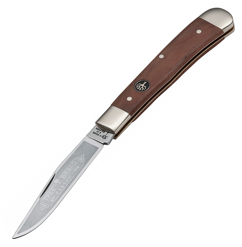 Boker Solingen Trapper Plumwood 112585 traditional pocket knife showing mirror polished C75 carbon blade and plum wood handle.