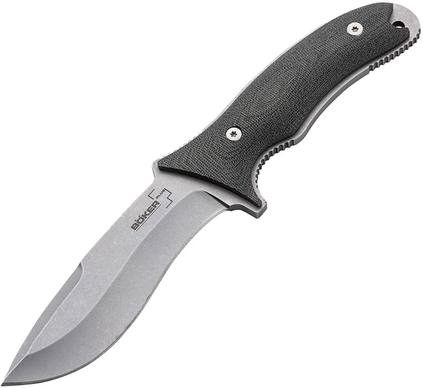 Boker Plus Orca Pro 02BO015 fixed blade knife profile view showing stonewashed D2 recurve blade and green canvas micarta handle.