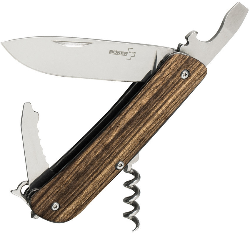 Boker Plus Tech Tool 2 01BO845 multi-tool showing polished Sandvik blade and zebrawood handle.