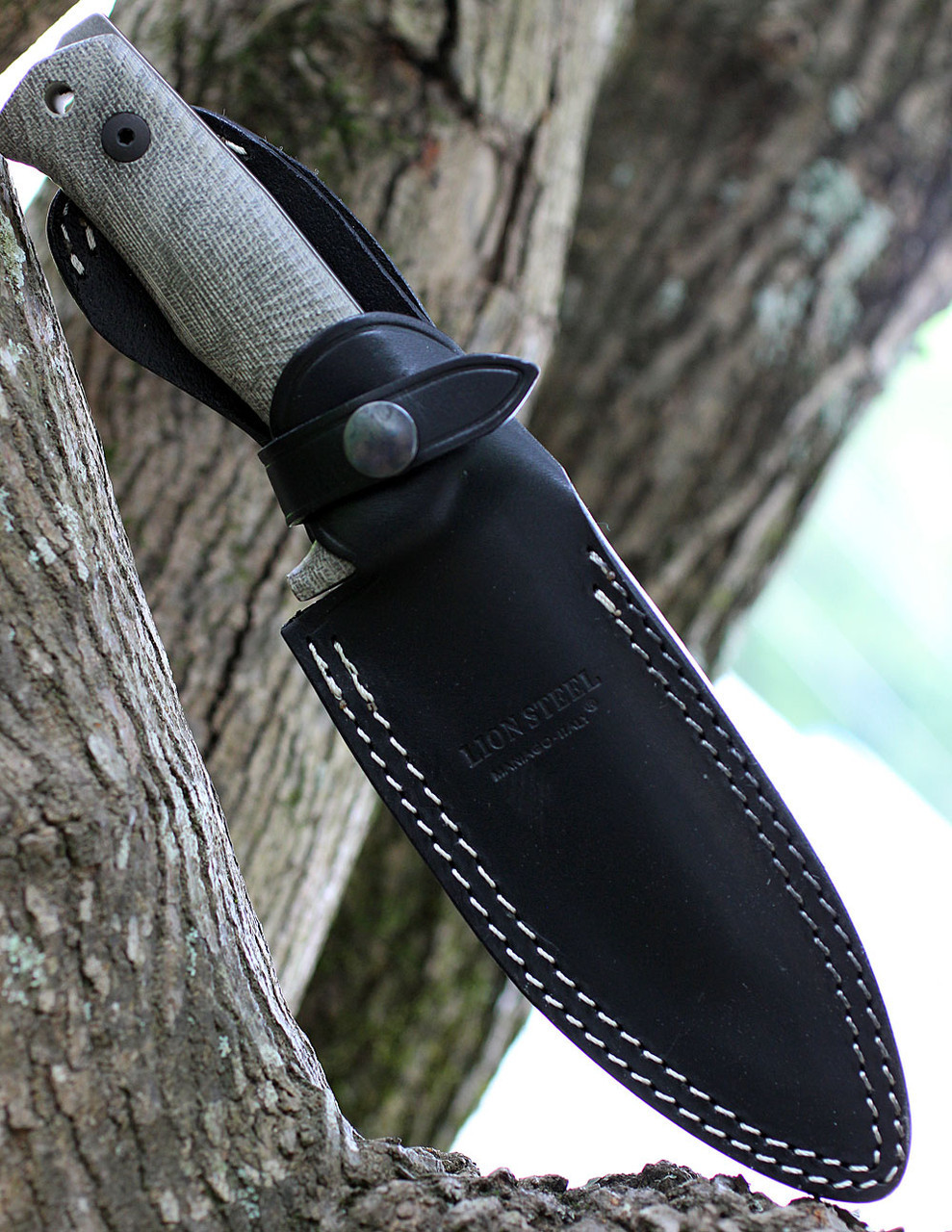 LionSteel T5BCVG, 5.04" Niolox Black Stonewash Blade, Green Canvas Micarta Handle