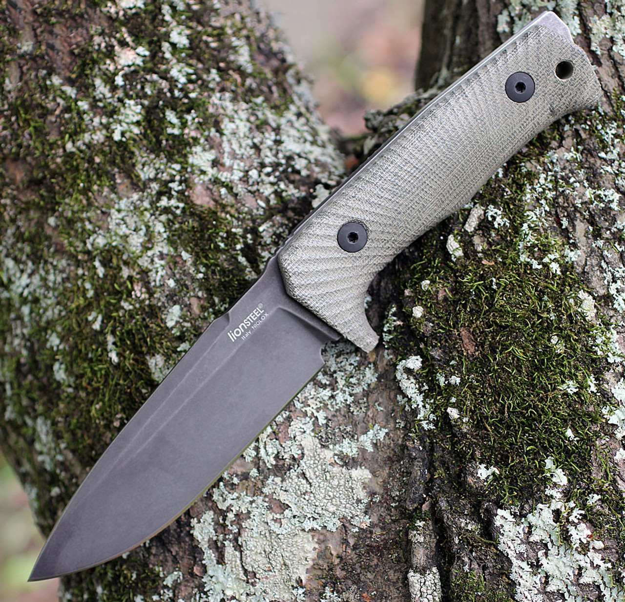 LionSteel T5BCVG, 5.04" Niolox Black Stonewash Blade, Green Canvas Micarta Handle