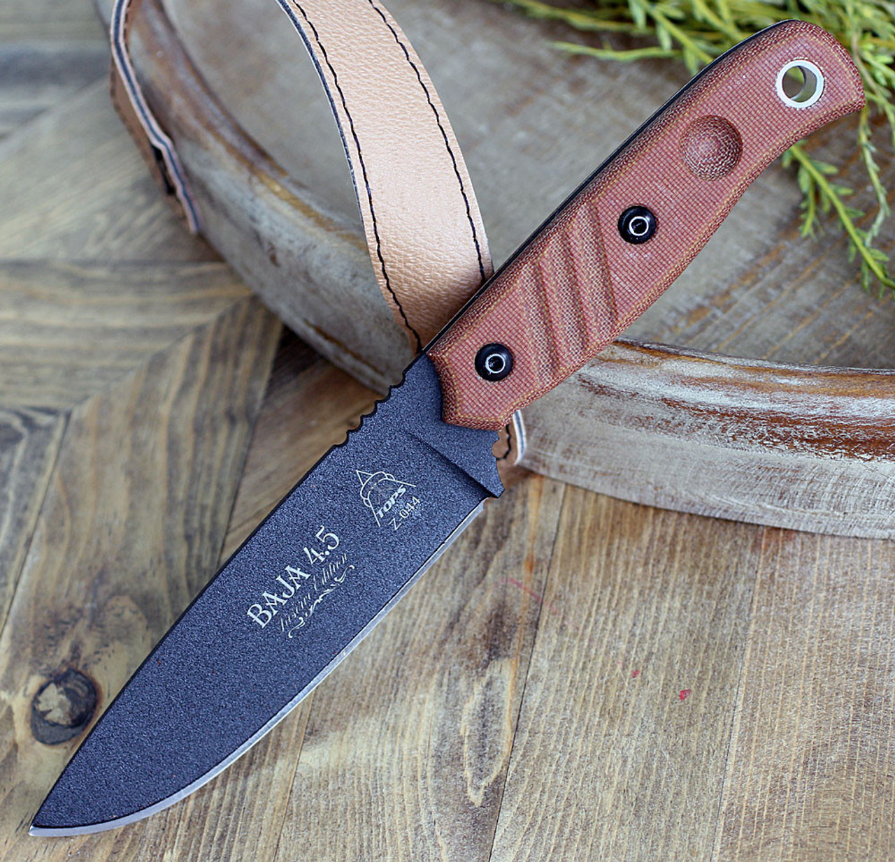 TOPS Knives TPBAJA-4.5R Baja 4.5 Reserve Edition 4.88" 1095 RC Black Traction Coating, Tan Canvas Micarta Handles, Brown Leather Sheath