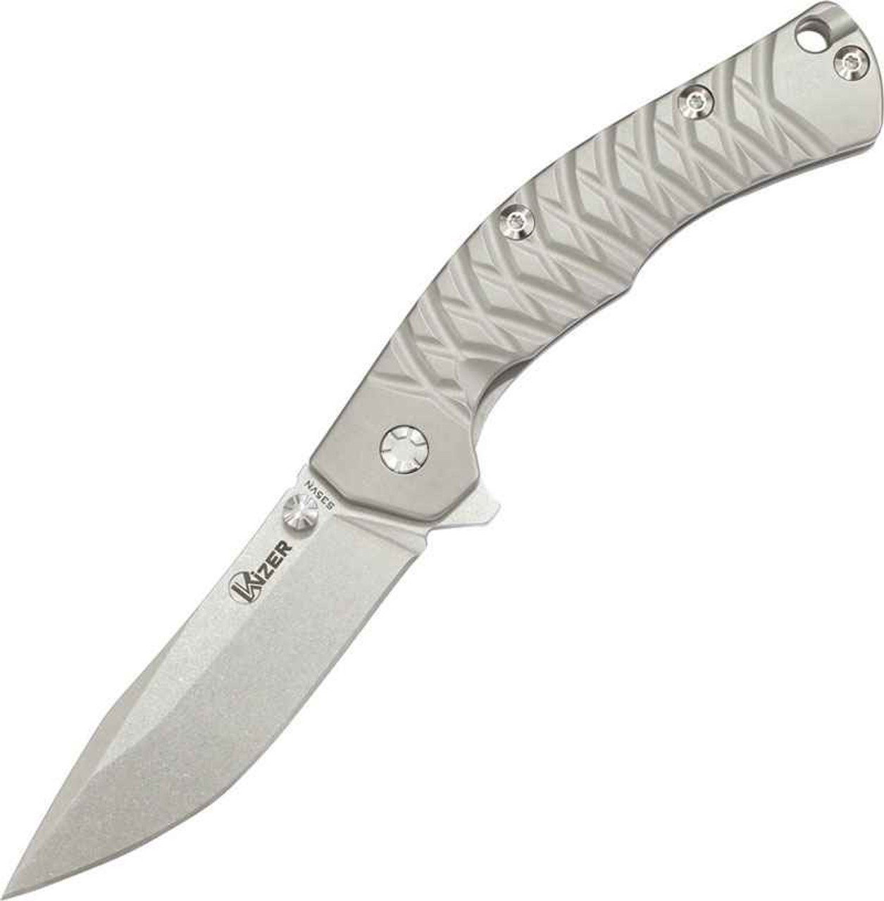 Kizer Knives Tomcat 1 (KI4443TI1) 3.5" CPM-S35VN Stonewashed Clip Point Plain Blade, Anodized Titanium Handle