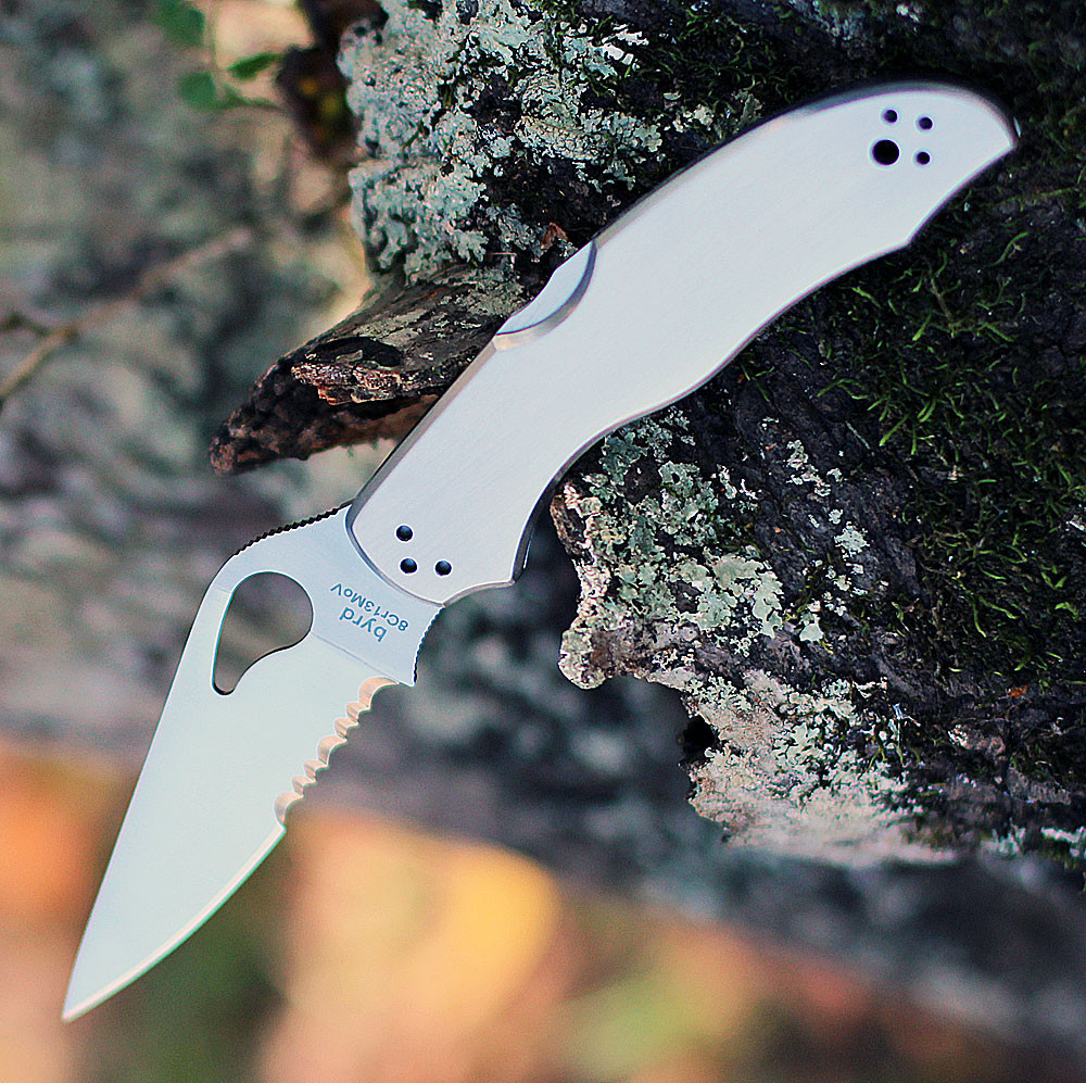 Byrd Harrier 2 (BY01PS2) 3.39" 8Cr13MoV Satin Drop Point Partially Serrated Blade, Brushed Stainless Steel Handle
