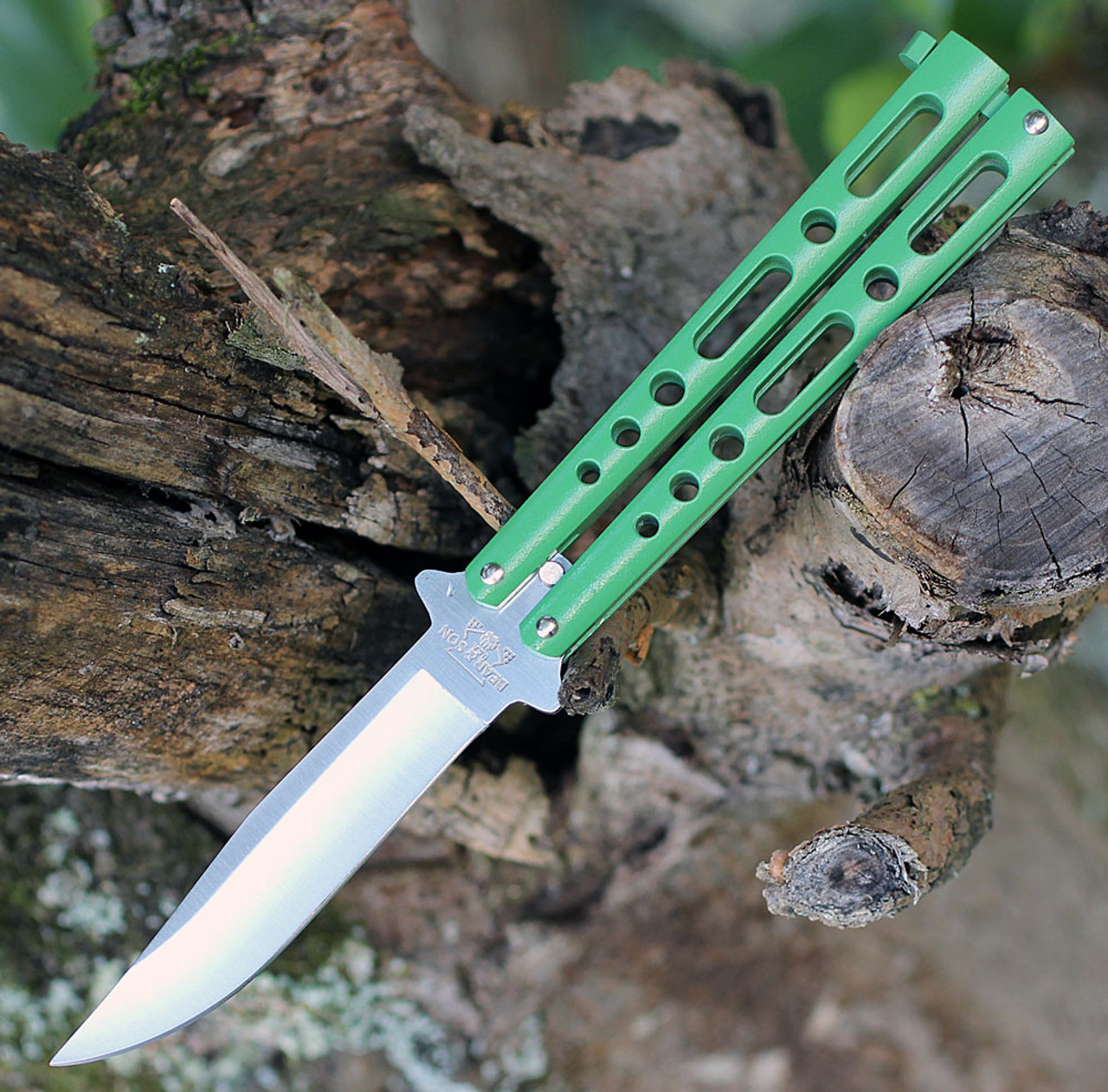 Bear & Son Butterfly Knife (117GR) 4" Stainless Steel Satin Clip Point Blade, Green Skeletonized Hnadles
