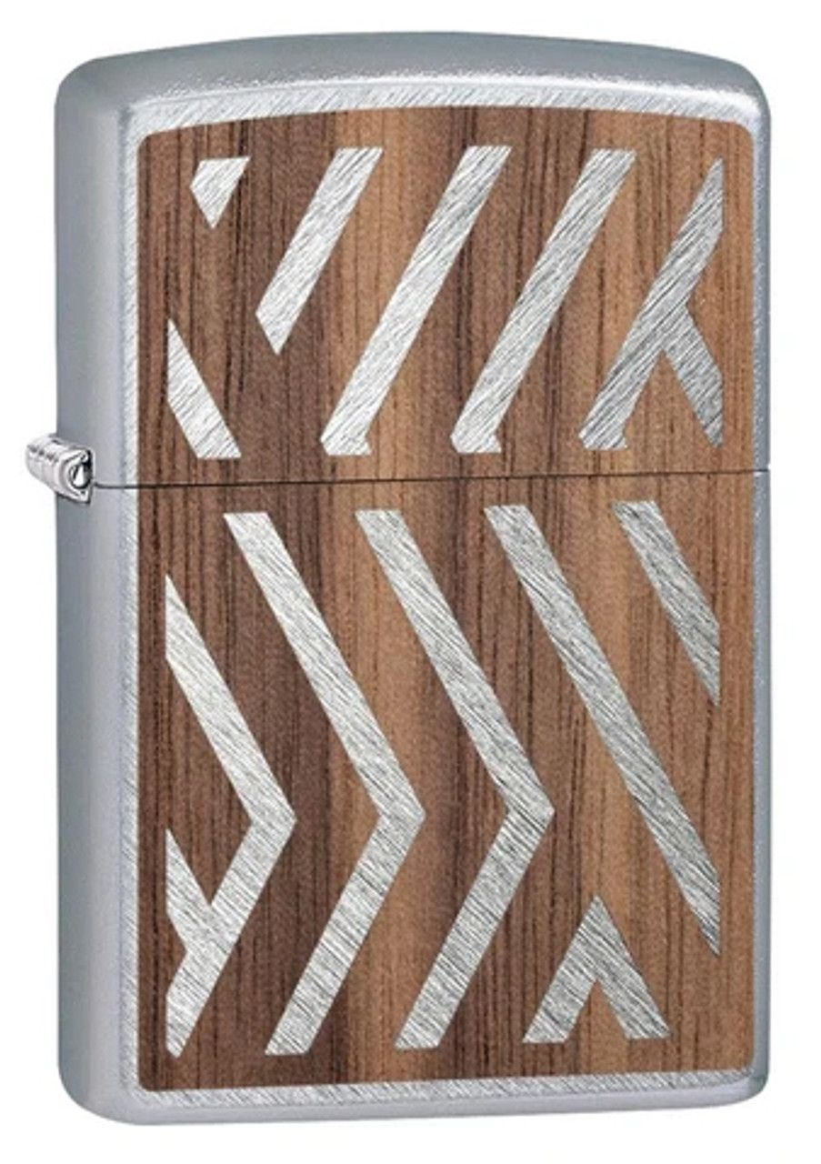 Zippo 29902 Woodchuck USA Brushed Chrome w/Herringbone Sweep Walnut Emblem Attached